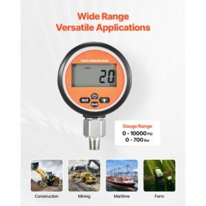 digital hydraulic pressure gauge, 0 10000 psi (0 700 bar) hydraulic pressure sensor, manometer tester with 1/4 inch npt base entry for excavator construction machinery, stainless steel housing