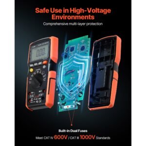 digital multimeter, 6000 count trms dc/ac voltmeter current tester, auto ranging multimeter for current voltage resistance capacitance temperature diodes continuity low impedance measurment