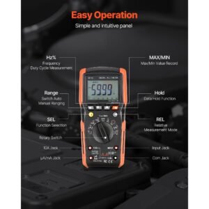 digital multimeter, 6000 count trms dc/ac voltmeter current tester, auto ranging multimeter for current voltage resistance capacitance temperature diodes continuity low impedance measurment