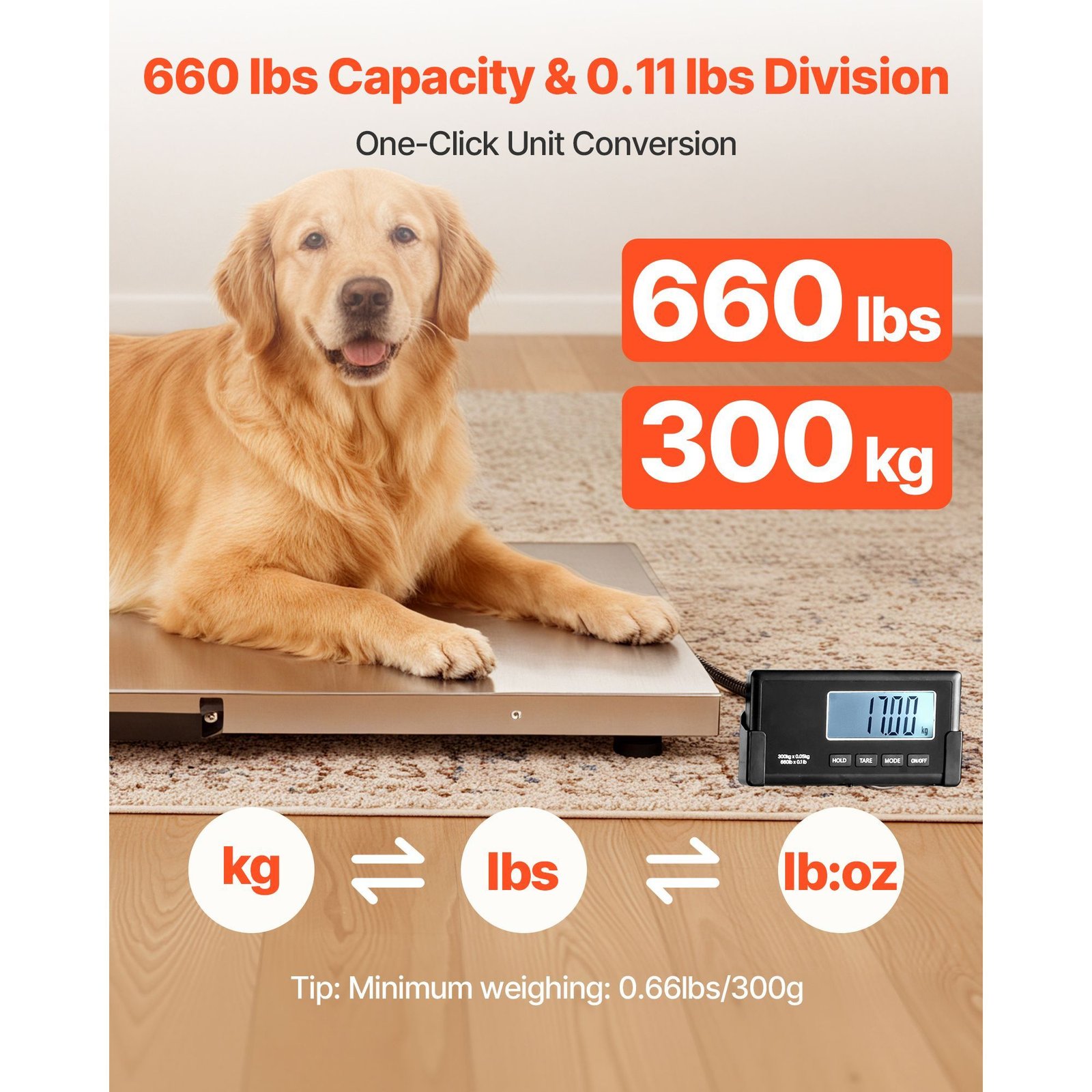 digital shipping scale, 0.1 lbs high accuracy, 660 lbs postal scale with lcd display, hold/tare function & ac/dc power supply, fit for packages, postage, luggage, battery & adapter included