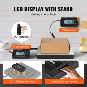 digital shipping scale, 440 lbs x 1.7 oz. heavy duty postal scale with timer, tare function, hd lcd screen portable package scale for luggage, home, post office, ac/dc powered, fcc listed