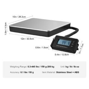 digital shipping scale, 440 lbs x 1.7 oz. heavy duty postal scale with timer, tare function, hd lcd screen portable package scale for luggage, home, post office, ac/dc powered, fcc listed