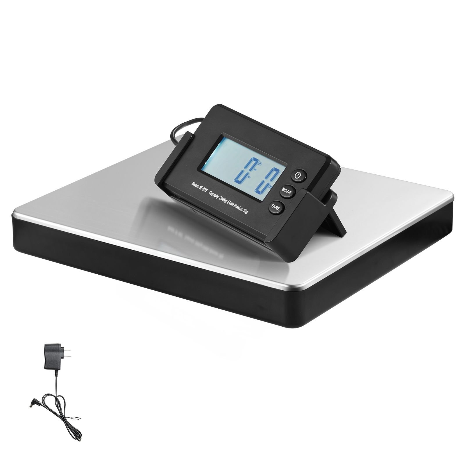 digital shipping scale, 440 lbs x 1.7 oz. heavy duty postal scale with timer, tare function, hd lcd screen portable package scale for luggage, home, post office, ac/dc powered, fcc listed