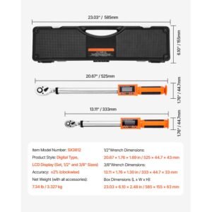 digital torque wrench set, 2 pieces, 1/2, 3/8 inch drive, 72 tooth, ±2% high accuracy electronic torque wrench with preset value, buzzer and led notification, for automotive motorcycle