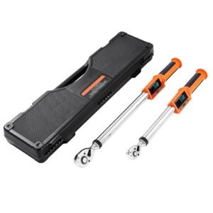 digital torque wrench set, 2 pieces, 1/2, 3/8 inch drive, 72 tooth, ±2% high accuracy electronic torque wrench with preset value, buzzer and led notification, for automotive motorcycle