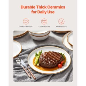 dinnerware set, service for 6 (18 pcs), round plates and bowls sets, scratch resistant ceramic dinner ware, dishwasher and microwave suitable kitchen dish, for dessert salad soup pasta, white