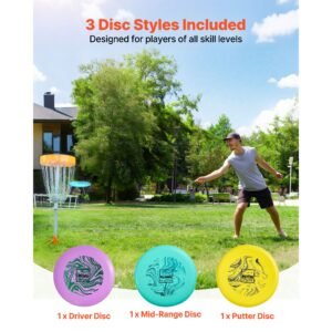 disc golf set, 3 pack disc golf starter set, beginners flying discs for full body strength training, with putter, mid range, driver, pdga approved, for outdoor backyard, lawn, beach, and park