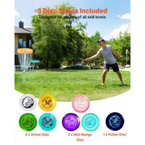 disc golf set, 8 pack disc golf starter set, beginners flying discs for full body strength training, with putter, mid range, driver, pdga approved, for outdoor backyard, lawn, beach, and park