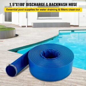discharge hose, 1 1/2" x 100', pvc fabric lay flat hose, heavy duty backwash drain hose with clamps, weather proof & burst proof, ideal for swimming pool & water transfer, blue