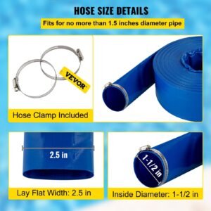 discharge hose, 1 1/2" x 100', pvc fabric lay flat hose, heavy duty backwash drain hose with clamps, weather proof & burst proof, ideal for swimming pool & water transfer, blue