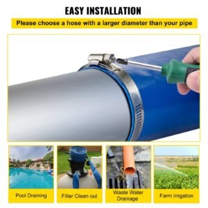 discharge hose, 1 1/2" x 100', pvc fabric lay flat hose, heavy duty backwash drain hose with clamps, weather proof & burst proof, ideal for swimming pool & water transfer, blue