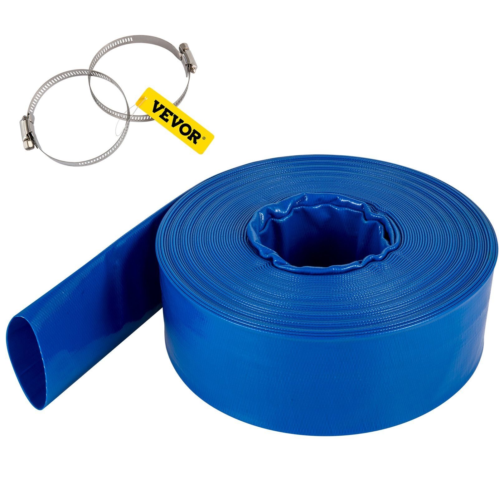 discharge hose, 1 1/2" x 100', pvc fabric lay flat hose, heavy duty backwash drain hose with clamps, weather proof & burst proof, ideal for swimming pool & water transfer, blue