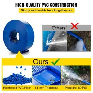 discharge hose, 2" x 105', pvc fabric lay flat hose, heavy duty backwash drain hose with clamps, weather proof & burst proof, ideal for swimming pool & water transfer, blue