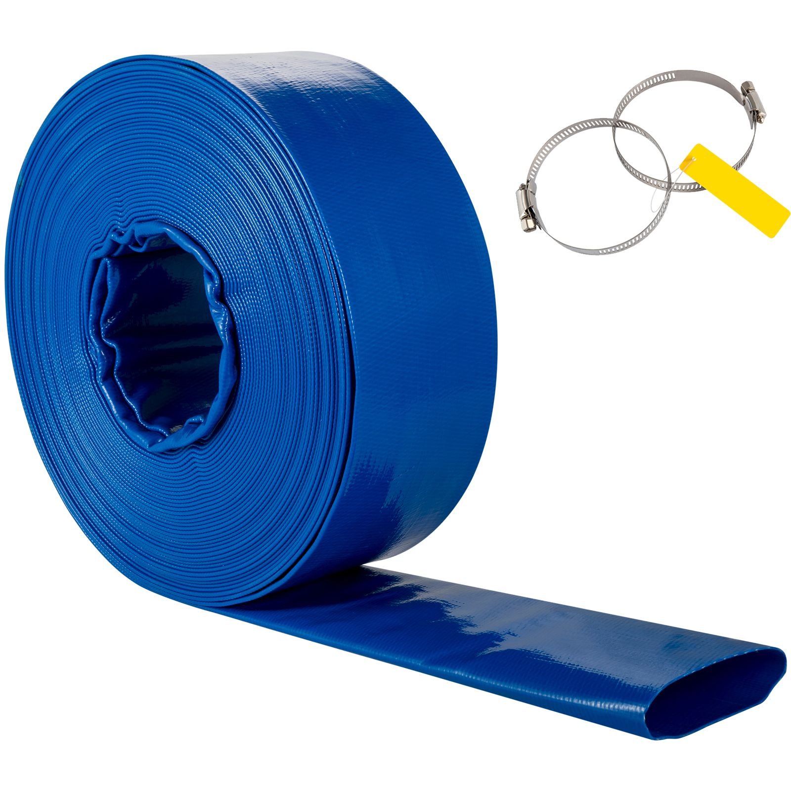 discharge hose, 2" x 105', pvc fabric lay flat hose, heavy duty backwash drain hose with clamps, weather proof & burst proof, ideal for swimming pool & water transfer, blue