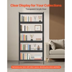 display cabinet with acrylic doors, 68 in tall 5 tier curio cabinet, natural wooden fame, collectibles toy organizers rack & display case, bookshelf for home, office, playroom, living room