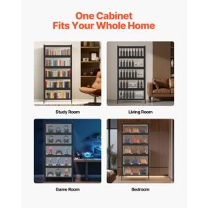 display cabinet with acrylic doors, 68 in tall 5 tier curio cabinet, natural wooden fame, collectibles toy organizers rack & display case, bookshelf for home, office, playroom, living room