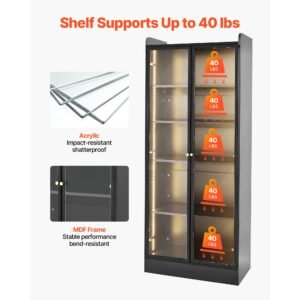 display cabinet with doors, 67 in tall lighted display case with 2 adjustable shelves, 5 tier curio collectibles storage cabinet, bookshelf bookcase for pantry bedroom living room office