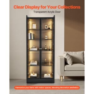 display cabinet with doors, 67 in tall lighted display case with 2 adjustable shelves, 5 tier curio collectibles storage cabinet, bookshelf bookcase for pantry bedroom living room office