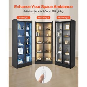 display cabinet with doors, 67 in tall lighted display case with 2 adjustable shelves, 5 tier curio collectibles storage cabinet, bookshelf bookcase for pantry bedroom living room office