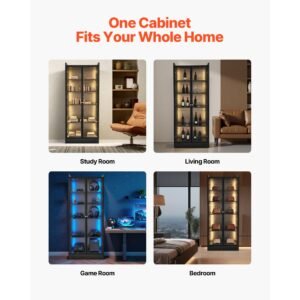 display cabinet with doors, 67 in tall lighted display case with 2 adjustable shelves, 5 tier curio collectibles storage cabinet, bookshelf bookcase for pantry bedroom living room office