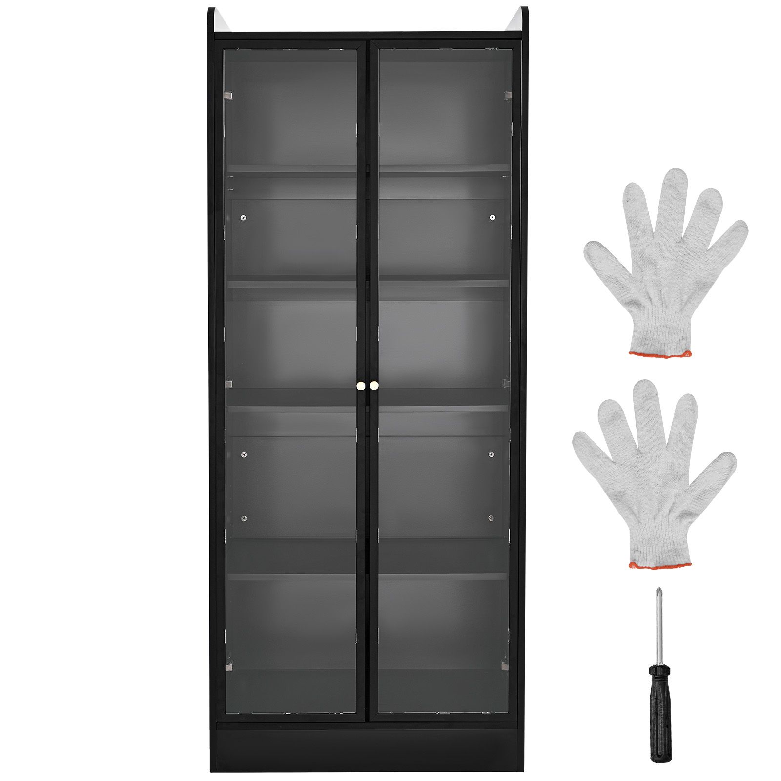 display cabinet with doors, 67 in tall lighted display case with 2 adjustable shelves, 5 tier curio collectibles storage cabinet, bookshelf bookcase for pantry bedroom living room office