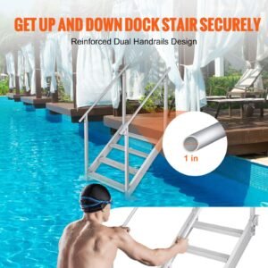 dock ladder 4 step, dock stairs 30'' 38'' adjustable height, 500 lbs load capacity, aluminum pontoon boat ladder with dual handrails & nonslip mat for ship/lake/pool/marine boarding