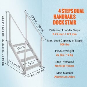 dock ladder 4 step, dock stairs 30'' 38'' adjustable height, 500 lbs load capacity, aluminum pontoon boat ladder with dual handrails & nonslip mat for ship/lake/pool/marine boarding