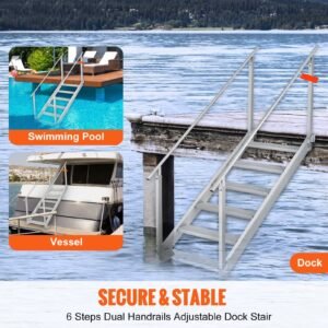 dock ladder, 43'' 51'' adjustable height, 500 lbs load capacity, aluminum alloy 6 steps pontoon boat ladder with dual handrails & nonslip mat, ideal for ship/lake/pool/marine boarding