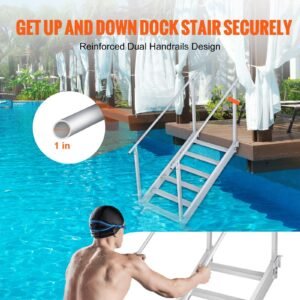 dock ladder, 43'' 51'' adjustable height, 500 lbs load capacity, aluminum alloy 6 steps pontoon boat ladder with dual handrails & nonslip mat, ideal for ship/lake/pool/marine boarding