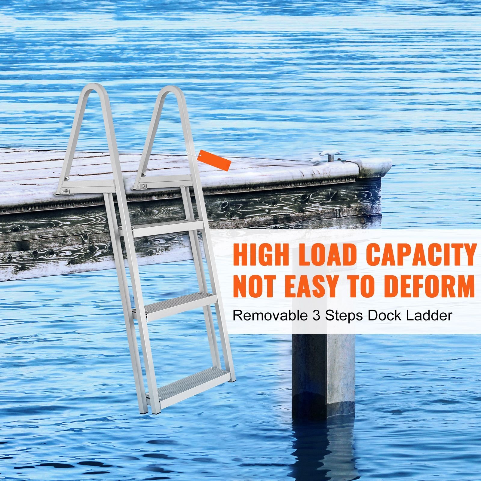 dock ladder, removable 3 steps, 350 lbs load capacity, aluminum alloy pontoon boat ladder with 4'' wide step & nonslip mat, easy to install for ship/lake/pool/marine boarding