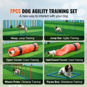dog agility training equipment, 7 pcs set upgrade w/ adjustable high hurdles,6 weave poles,2 tunnels,jump ring,pause box,whistle,foldable bowl,puppy obstacle course kit w/ 3 bags