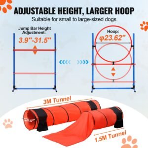 dog agility training equipment, 7 pcs set upgrade w/ adjustable high hurdles,6 weave poles,2 tunnels,jump ring,pause box,whistle,foldable bowl,puppy obstacle course kit w/ 3 bags