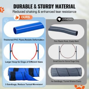 dog agility training equipment, 7 pcs set w/ adjustable high hurdles,6 weave poles,2 tunnels,jump ring,pause box,whistle,foldable bowl,puppy obstacle course kit w/ 3 bags