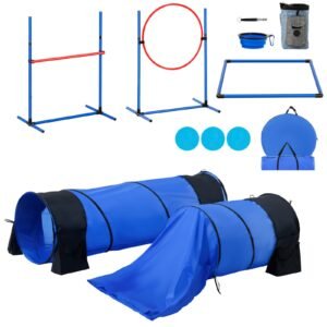 Dog Agility Training Equipment, 7 PCS Set w/ Adjustable High Hurdles,6 Weave Poles,2 Tunnels,Jump Ring,Pause Box,Whistle,Foldable Bowl,Puppy Obstacle Course Kit w/ 3 Bags