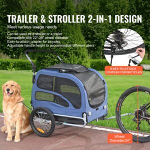 dog bike trailer, supports up to 100 lbs, 2 in 1 pet stroller cart bicycle carrier, easy folding cart frame with quick release wheels, universal bicycle coupler, reflectors, flag, blue/black
