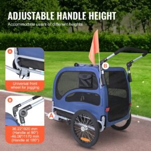 dog bike trailer, supports up to 100 lbs, 2 in 1 pet stroller cart bicycle carrier, easy folding cart frame with quick release wheels, universal bicycle coupler, reflectors, flag, blue/black