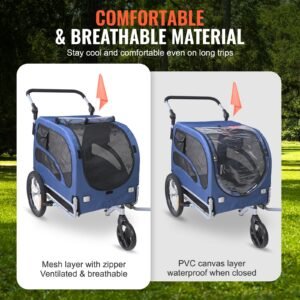 dog bike trailer, supports up to 100 lbs, 2 in 1 pet stroller cart bicycle carrier, easy folding cart frame with quick release wheels, universal bicycle coupler, reflectors, flag, blue/black