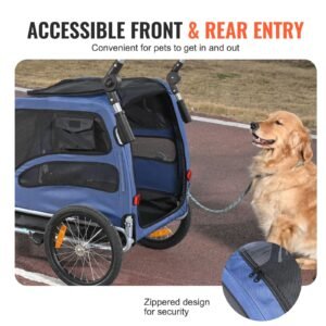 dog bike trailer, supports up to 100 lbs, 2 in 1 pet stroller cart bicycle carrier, easy folding cart frame with quick release wheels, universal bicycle coupler, reflectors, flag, blue/black