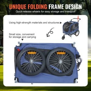 dog bike trailer, supports up to 100 lbs, 2 in 1 pet stroller cart bicycle carrier, easy folding cart frame with quick release wheels, universal bicycle coupler, reflectors, flag, blue/black
