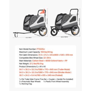 dog bike trailer, supports up to 100 lbs, 2 in 1 pet stroller cart bicycle carrier for small & large dogs, easy folding frame with quick release wheel, universal bicycle coupler, internal leash
