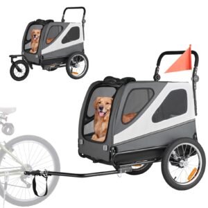 dog bike trailer, supports up to 100 lbs, 2 in 1 pet stroller cart bicycle carrier for small & large dogs, easy folding frame with quick release wheel, universal bicycle coupler, internal leash