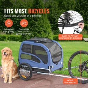 dog bike trailer, supports up to 100 lbs, pet cart bicycle carrier, easy folding frame with quick release wheels, universal bicycle coupler, reflectors, flag, collapsible to store, blue/black