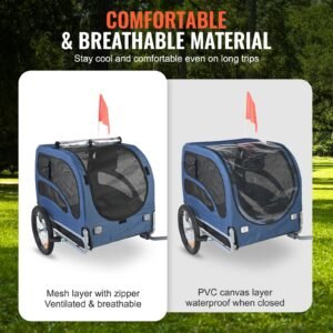 dog bike trailer, supports up to 100 lbs, pet cart bicycle carrier, easy folding frame with quick release wheels, universal bicycle coupler, reflectors, flag, collapsible to store, blue/black