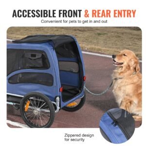 dog bike trailer, supports up to 100 lbs, pet cart bicycle carrier, easy folding frame with quick release wheels, universal bicycle coupler, reflectors, flag, collapsible to store, blue/black
