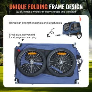 dog bike trailer, supports up to 100 lbs, pet cart bicycle carrier, easy folding frame with quick release wheels, universal bicycle coupler, reflectors, flag, collapsible to store, blue/black
