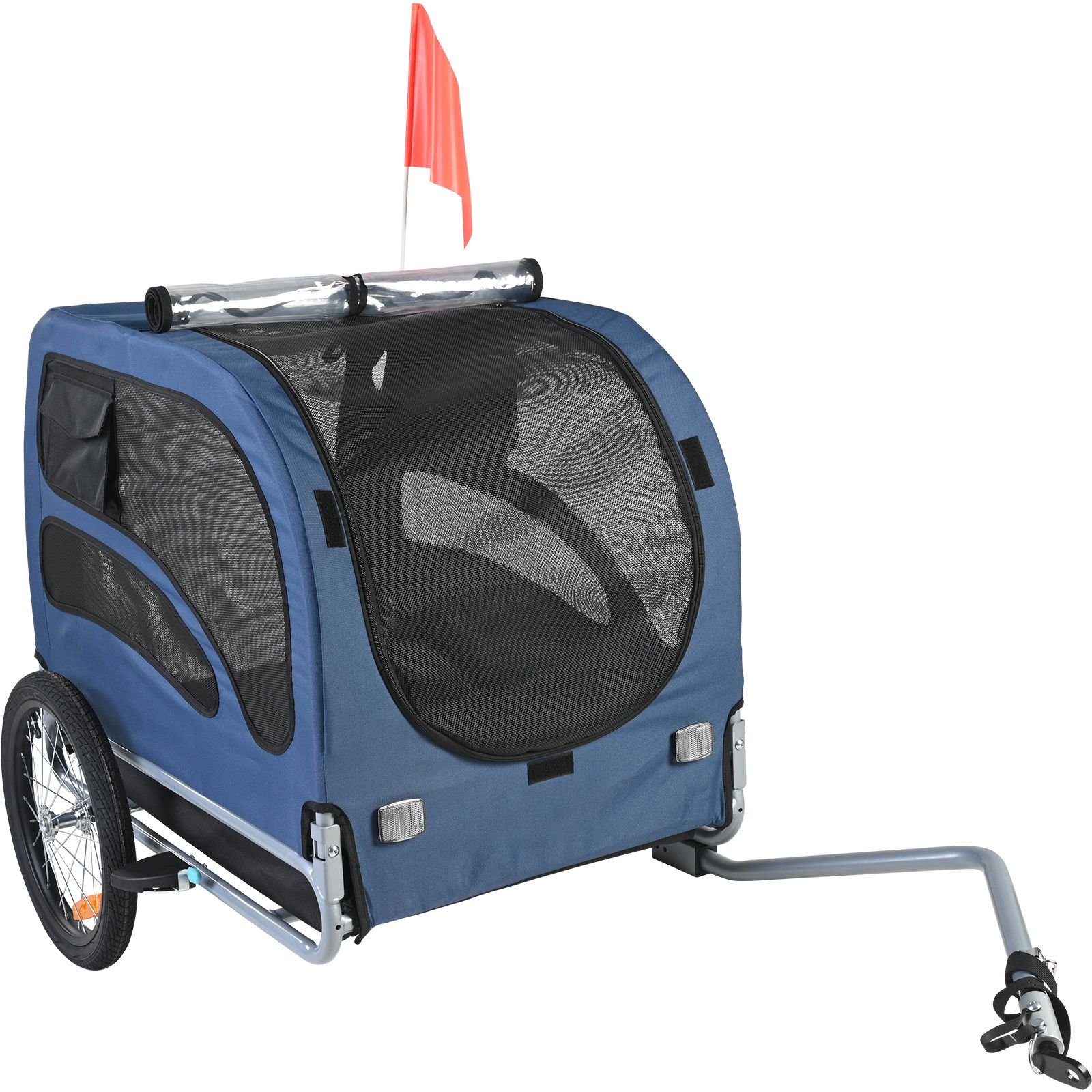 dog bike trailer, supports up to 100 lbs, pet cart bicycle carrier, easy folding frame with quick release wheels, universal bicycle coupler, reflectors, flag, collapsible to store, blue/black