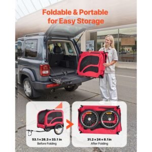 dog bike trailer, supports up to 100 lbs, pet cart bicycle carrier for small & large dogs, easy folding frame with quick release wheel, universal bicycle coupler, reflector, flag, internal leash