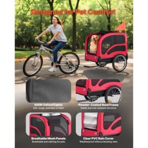 dog bike trailer, supports up to 100 lbs, pet cart bicycle carrier for small & large dogs, easy folding frame with quick release wheel, universal bicycle coupler, reflector, flag, internal leash