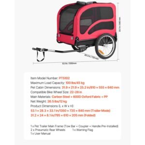 dog bike trailer, supports up to 100 lbs, pet cart bicycle carrier for small & large dogs, easy folding frame with quick release wheel, universal bicycle coupler, reflector, flag, internal leash