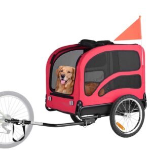 dog bike trailer, supports up to 100 lbs, pet cart bicycle carrier for small & large dogs, easy folding frame with quick release wheel, universal bicycle coupler, reflector, flag, internal leash